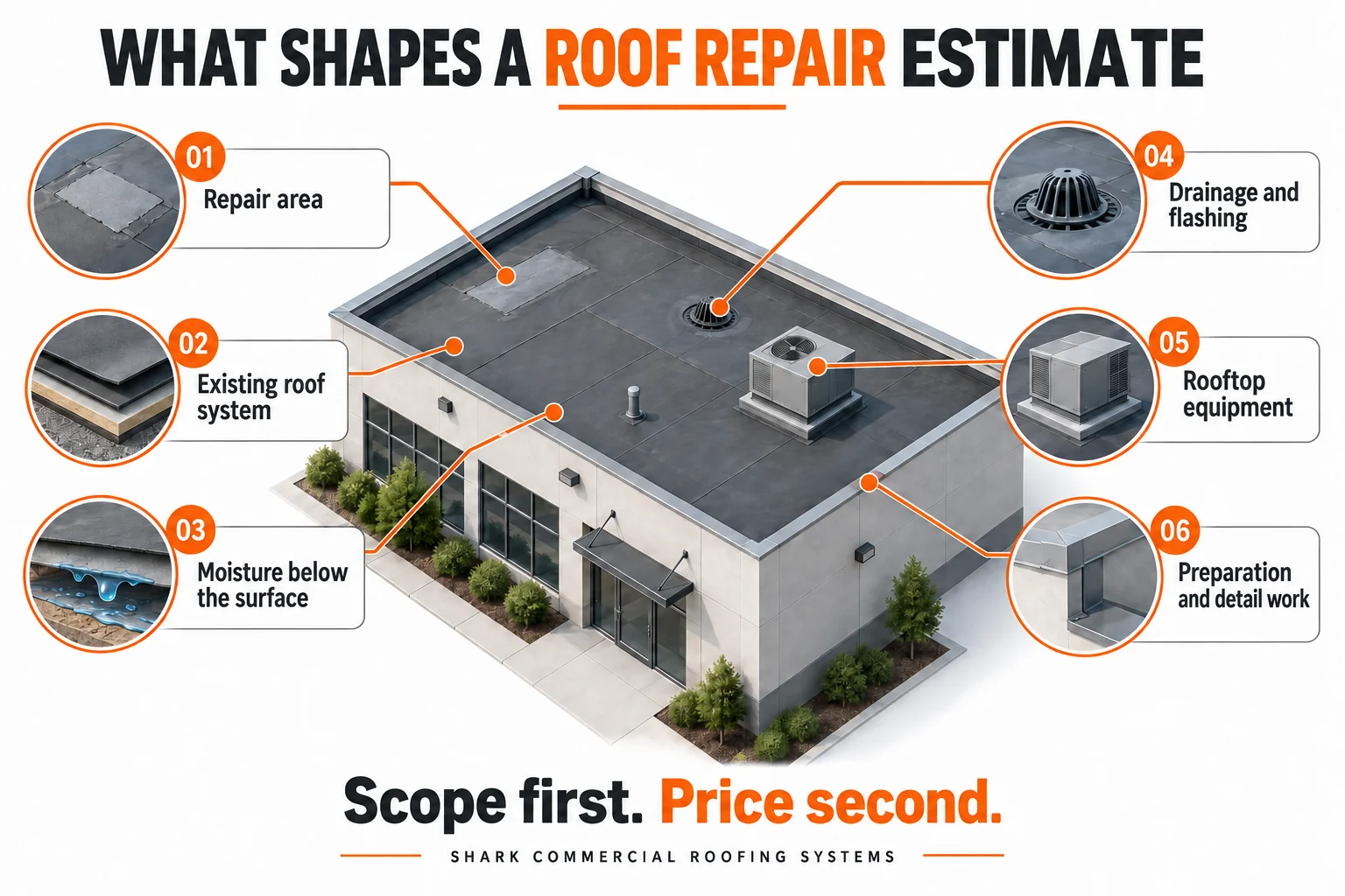 Illustrated commercial roof showing six repair-estimate factors: area, system, moisture, drainage, equipment and preparation.