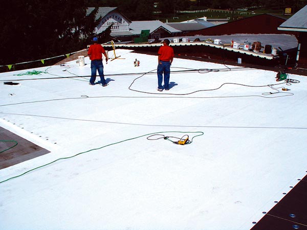 Commercial-Roofing-Contractors-Van-Nuys-CA-California-1 | Shark Roofing Systems Two workers in red shirts stand on a white roof membrane with hoses and tools, installing or inspecting roofing in progress.