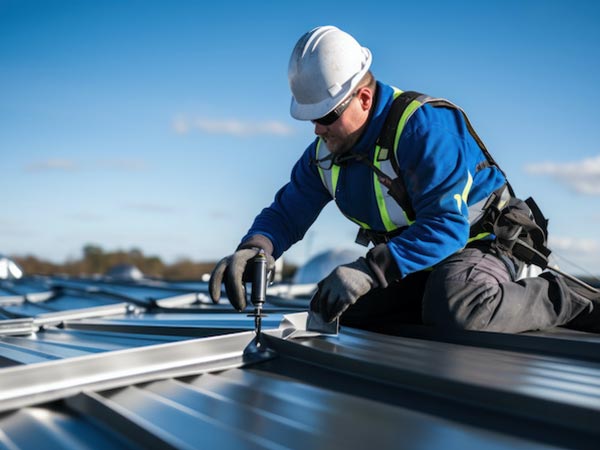 Roof-Maintenance-Glendale-CA-california-1 | Shark Roofing Systems Construction worker in a hard hat and safety vest fastening metal roof panels with a drill on a sunny site on blue sky day.