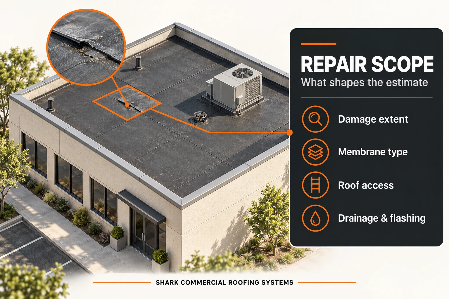 Commercial flat roof repair scope showing a damaged seam and factors that shape the repair estimate.